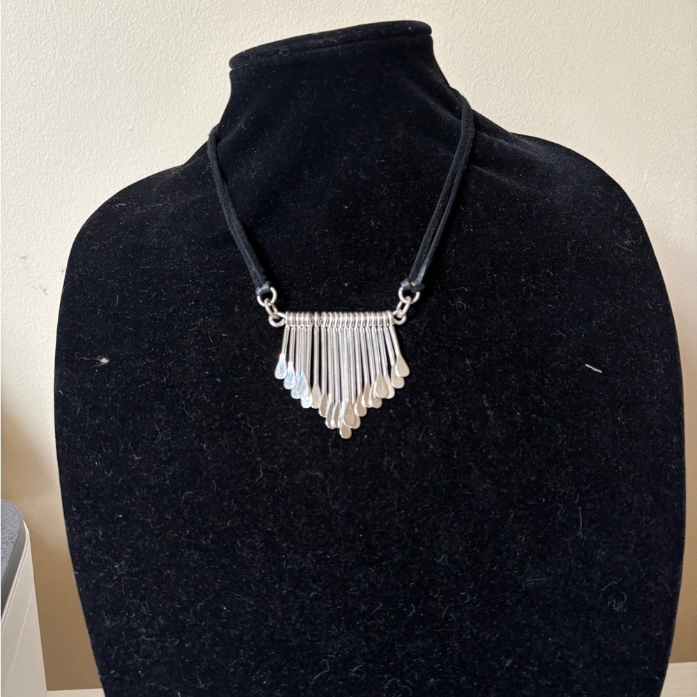 Silver Fringe Teardrop Necklace with Black Cord